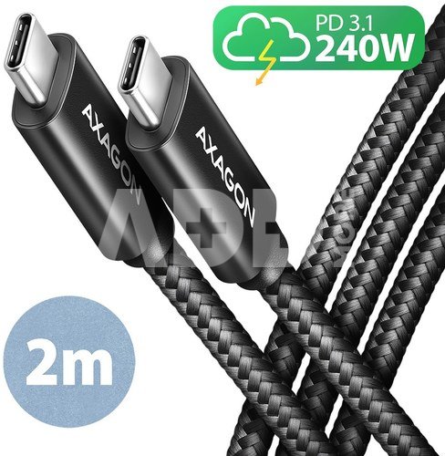 AXAGON BUCM2-CM20AB CHARGE cable USB-C <-> USB-C, 2m, Hi-Speed USB, PD 240W 5A, ALU, braid