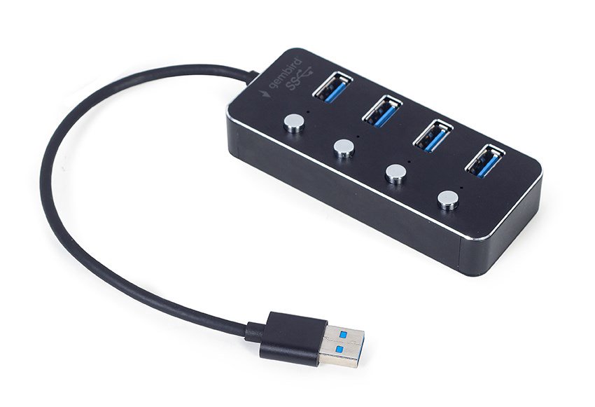 Gembird UHB-U3P4P-01 USB 3.1 (Gen 1) maitinamas 4 prievadų šakotuvas su jungikliais, juodas