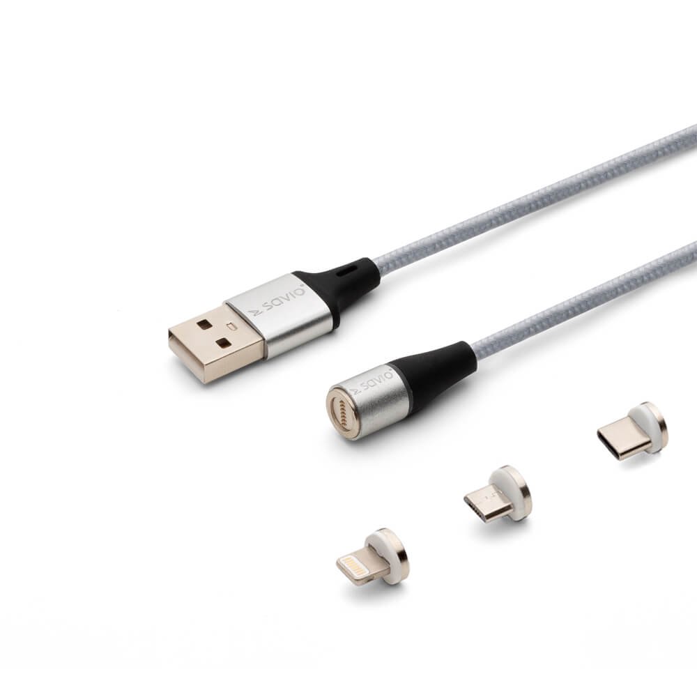 Savio CL-156 USB kabelis 2 m USB 2.0 USB C Micro USB A/Lightning Sidabras