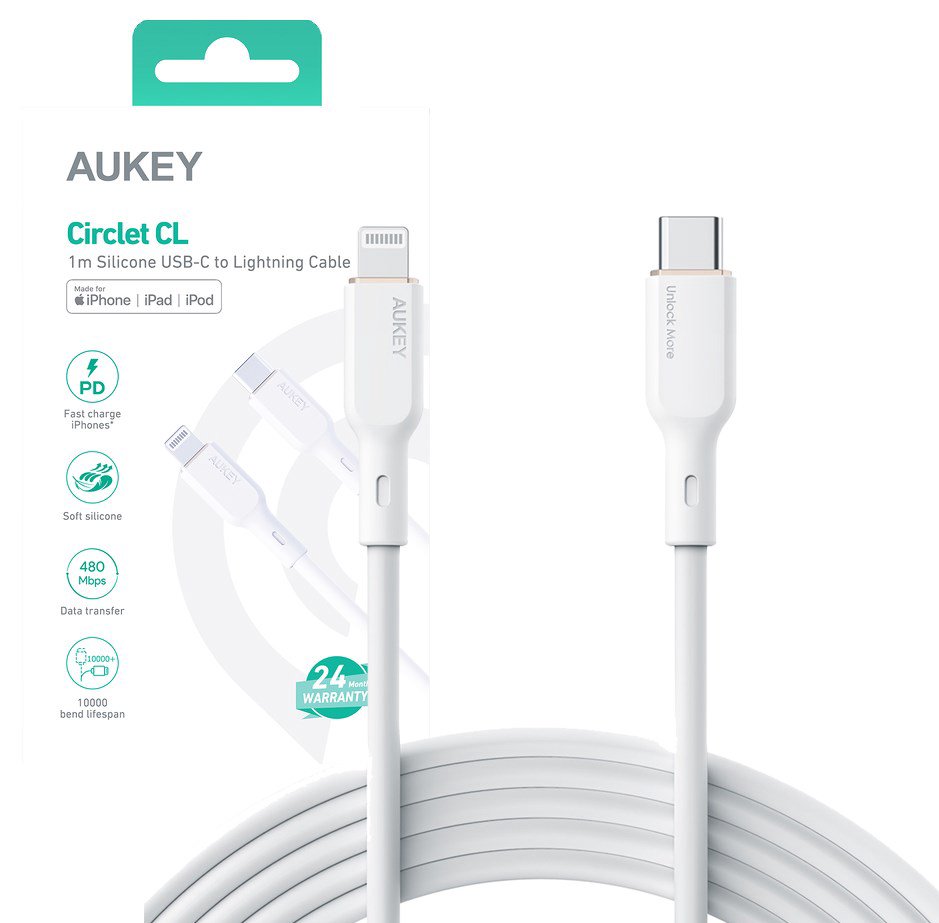 AUKEY CB-SCL2 Power Delivery USB C - Lightning Apple 1.8m 27W 3A Silicon Cable White