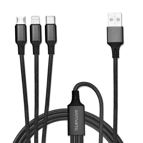 Kabelis 4SMARTS 3in1 Cable ForkCord, 1m, Fabric Black