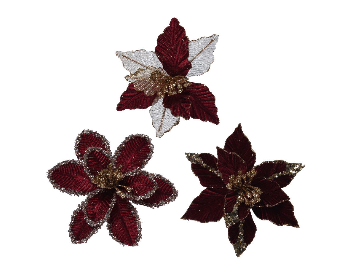 Įsegamos kalėdinės dekoracijos EVERLANDS Xmas On The Stage Poinsettia, 18 x 7 cm, 3 vnt