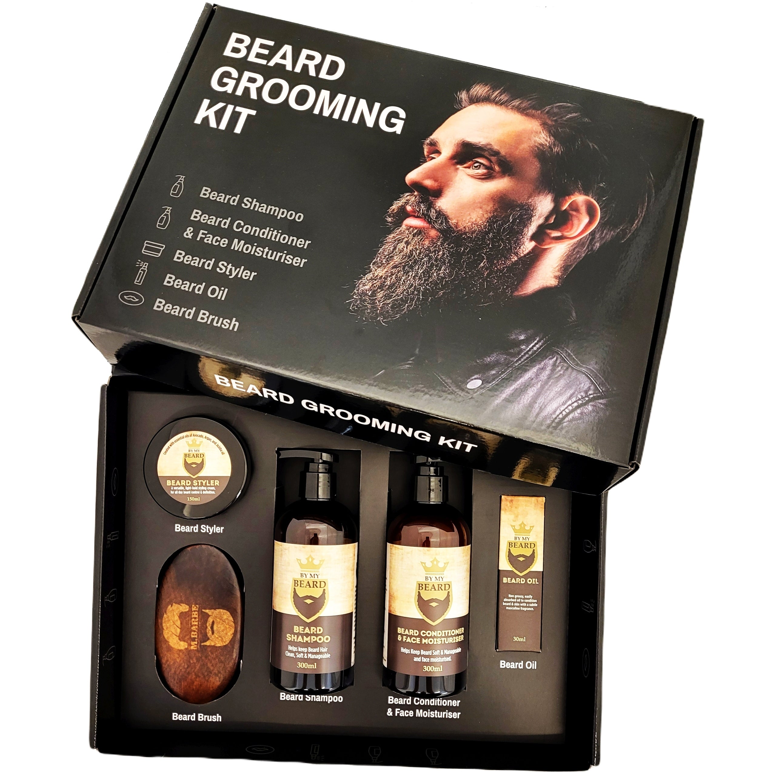 Barzdos priežiūros kosmetikos rinkinys su šepetėliu "By My Beard" –  dovana vyrui su dovanų dėžute