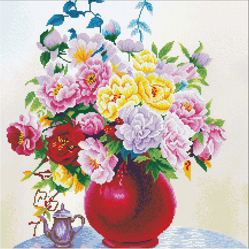 Siuvinėjimo kryželiu rinkinys CABBAGE ROSES in a VASE 40x40 cm