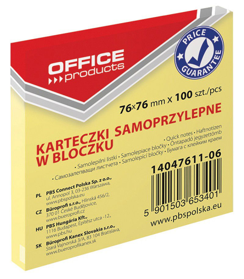 Lipnūs lapeliai Office Products, 76x76 mm, 100 vnt, gelsvi