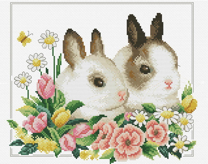 Siuvinėjimo kryželiu rinkinys SPRING BUNNIES 26x22 cm