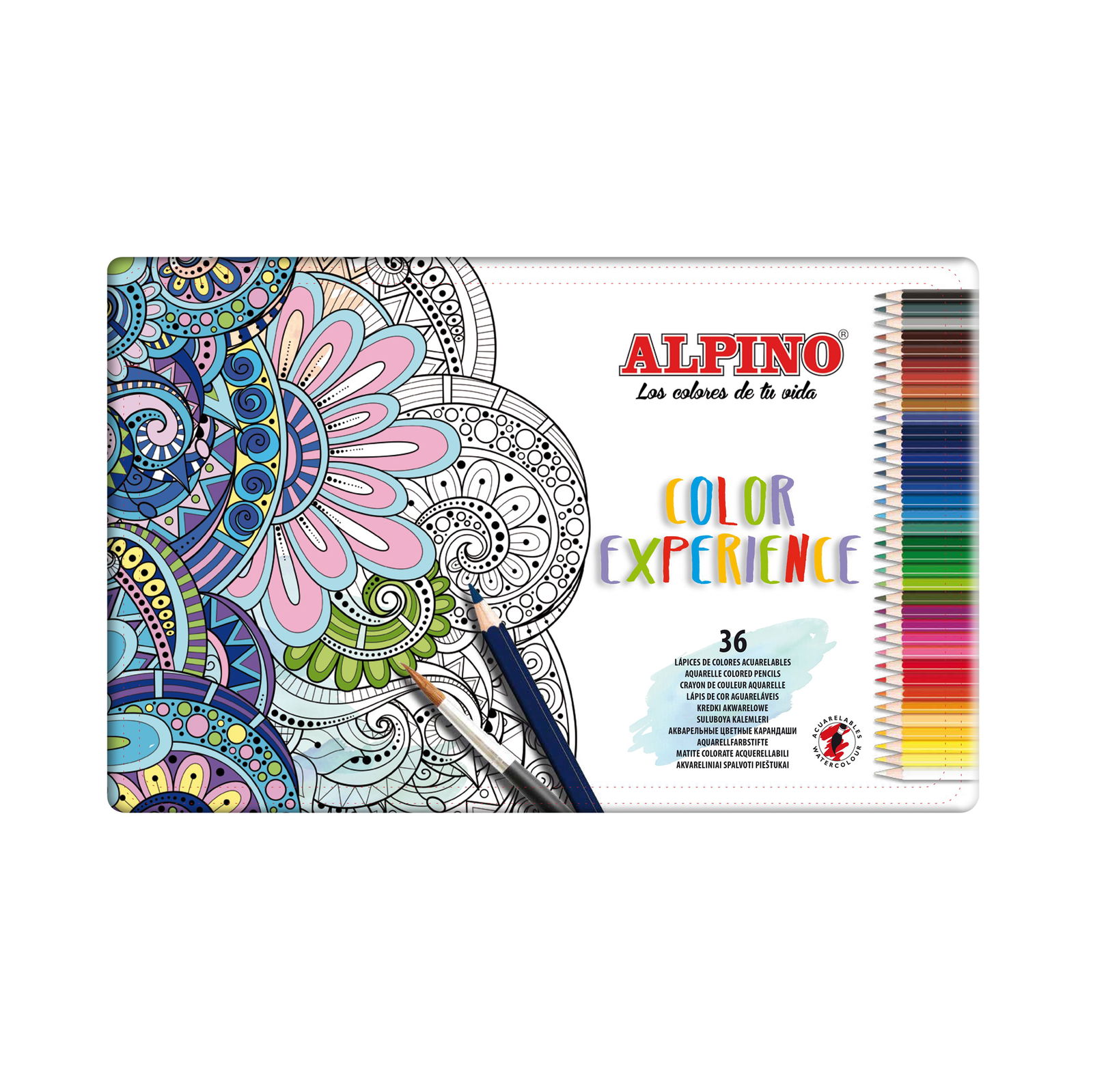 Spalvoti pieštukai ALPINO Color experience aqualine metalinėje dėžutėje, 36 vnt