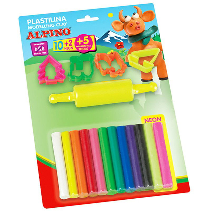 Plastilinas ALPINO, 10 spalvų + 2 neoninės + 5 detalės