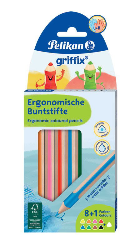 Spalvoti pieštukai Pelikan  GRIFFIX L+R, 8+1 vnt