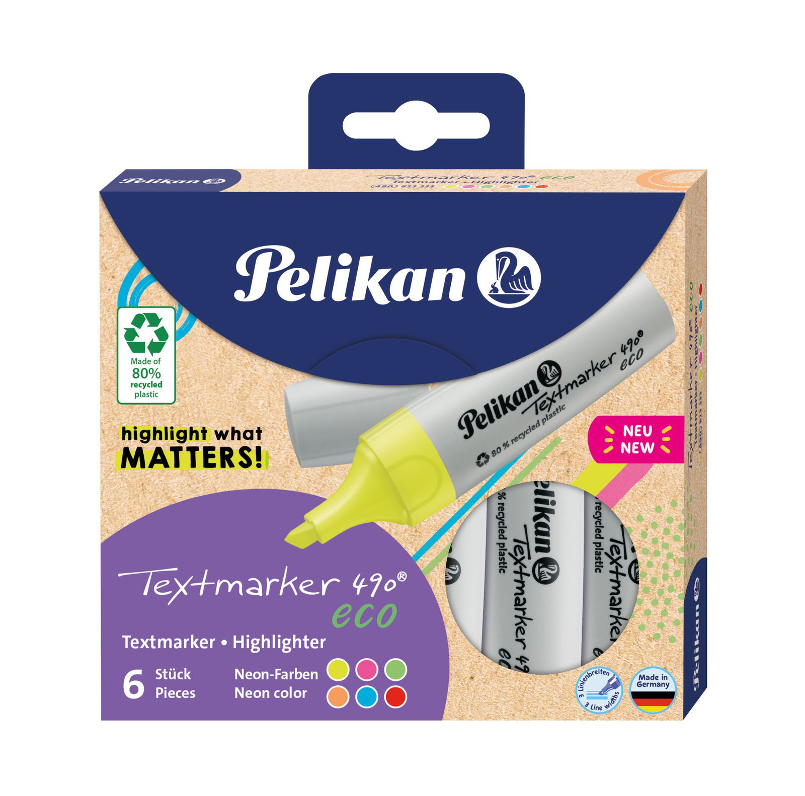 Teksto žymeklių Pelikan 490 eco neon rinkinys, 6 vnt