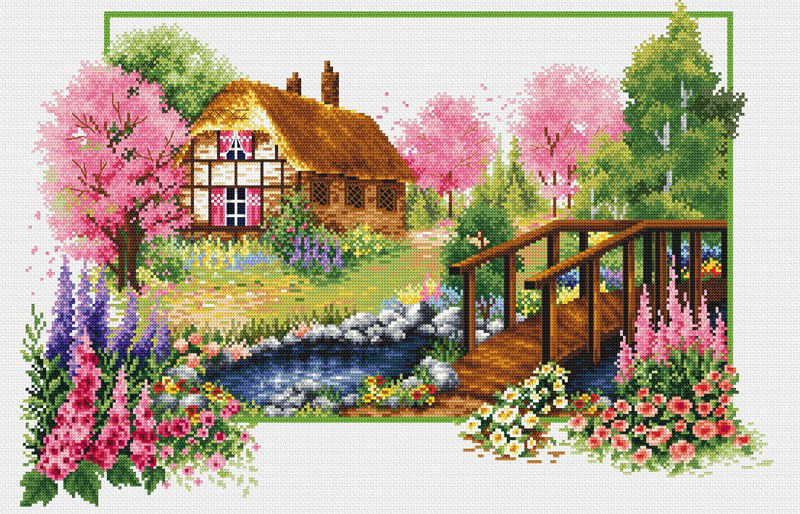 Siuvinėjimo kryželiu rinkinys SPRING COTTAGE 47x32 cm