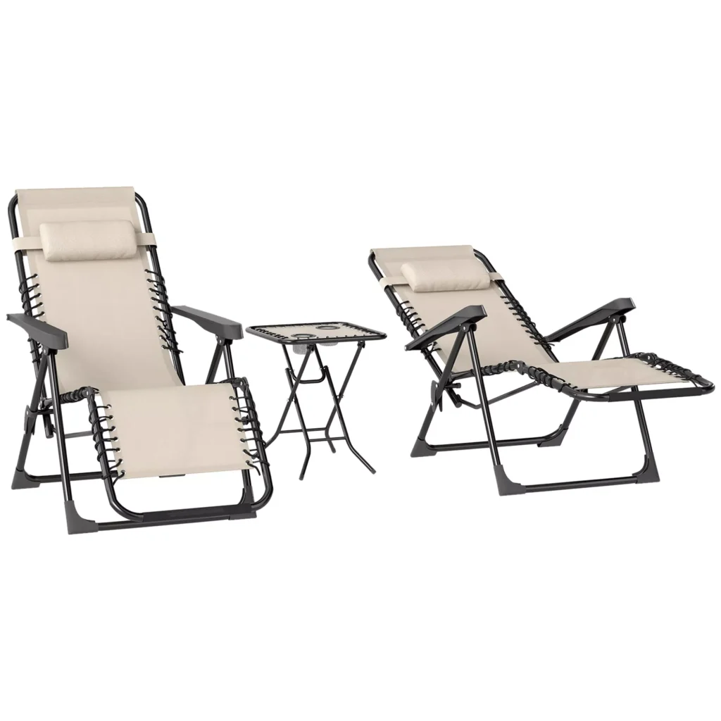 "Outsunny" sodo gultų rinkinys 3-PLG. sulankstomas gultas su arbatos staliuku, 2 kėdės, pagalvė, lauko gultas, atsparus oro sąlygoms, metalinis paplūdimio gultas sodui, terasai 90x56x110 cm, smėlio spalvos