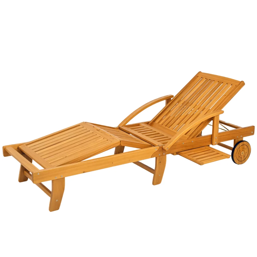Outsunny sulankstomas medinis sodo gultas su šoniniu staliuku, ratukais, gultas su 4 padėčių reguliuojamu atlošu, kempingo gultas, sodo kėdė, atlaikanti iki 160 kg, sodui ir paplūdimiui, tikmedžio spalvos