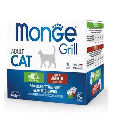 Monge Grill konservų rinkinys katėms su triušiena ir ėriena, 12x85 g