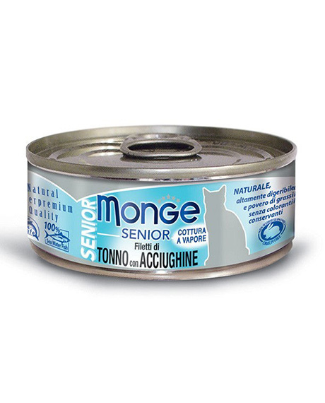 Monge Jelly Senior konservai katėms su tunu ir ančiuviais, 12x80 g