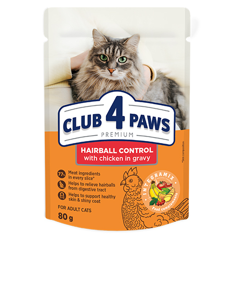 Club 4 Paws Hairball Control konservai katėms su vištiena padaže, 80 g