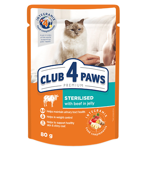 Club 4 Paws Sterilised konservai katėms su jautiena drebučiuose, 80 g