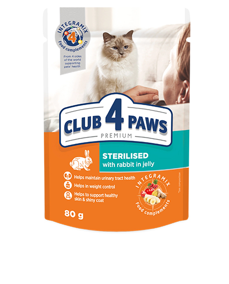 Club 4 Paws Sterilised konservai katėms su triušiena drebučiuose, 80 g