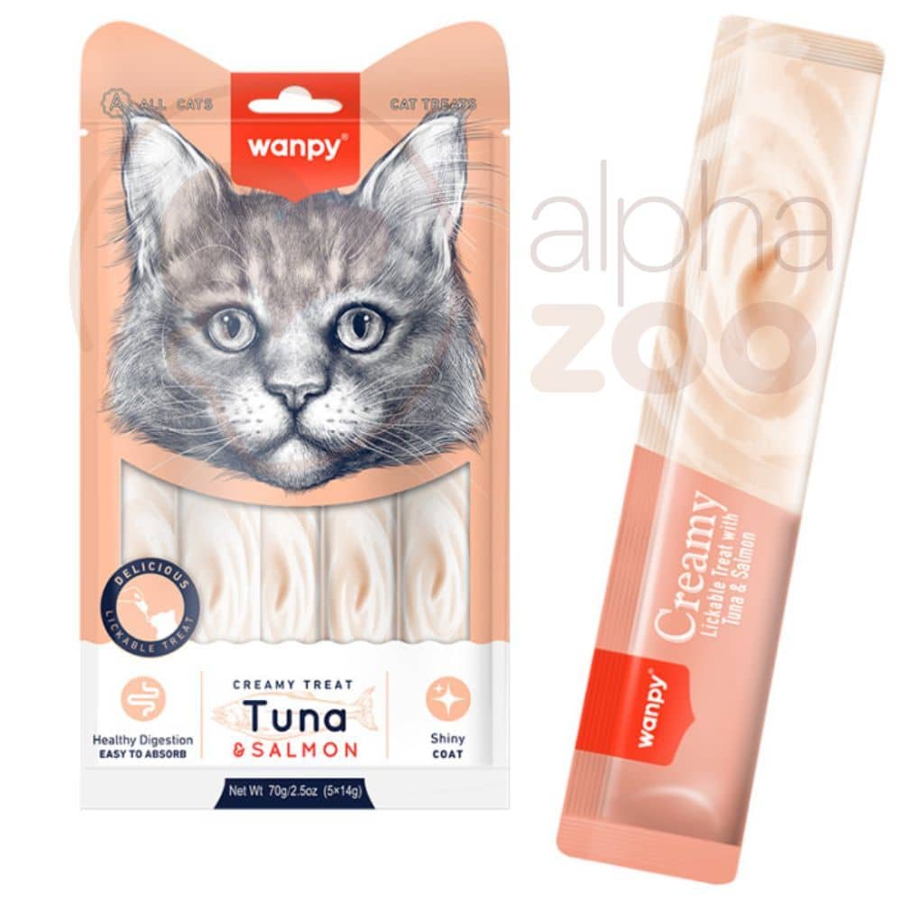 Wanpy Tuna & Salmon creamy treats laižomas skanėstas katėms su tunu ir lašiša, 5x14g