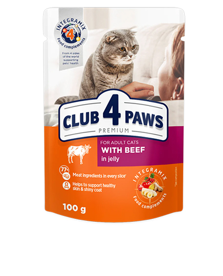 Club 4 Paws konservai katėms su jautiena drebučiuose, 100 g