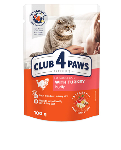 Club 4 Paws konservai katėms su kalakutiena drebučiuose, 100 g