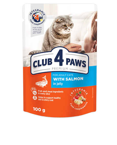 Club 4 Paws konservai katėms su lašiša drebučiuose, 100 g