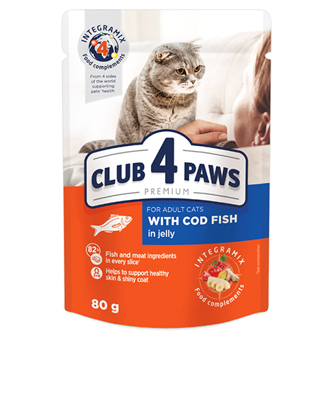 Club 4 Paws konservai katėms su menke drebučiuose, 80 g