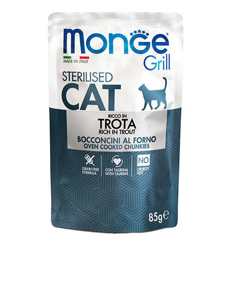 Monge Grill Sterilised konservai katėms su upėtakiu, 85 g