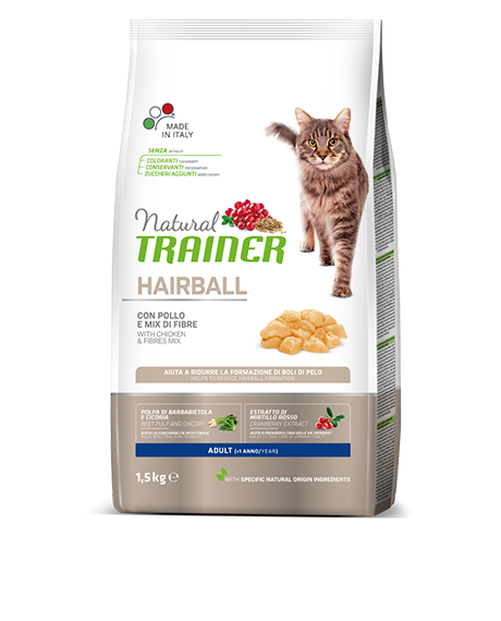 Natural Trainer Hairball Adult Cat sausas maistas katėms su vištiena, 1,5 kg