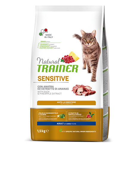 Natural Trainer Sensitive Adult Cat sausas maistas katėms su antiena, 1,5 kg