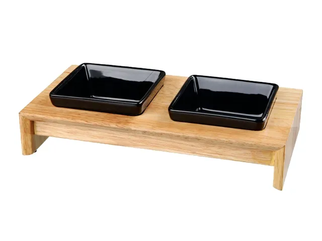 TRIXIE Bowl set ceramic/wood 2x0.4 l/13x13 cm/36x7x19 cm black/natural