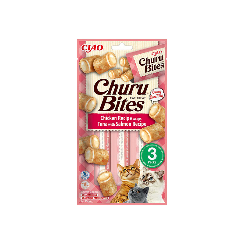 Churu Bites suktinukai su tunu ir lašiša skanėstai katėms 12x30g