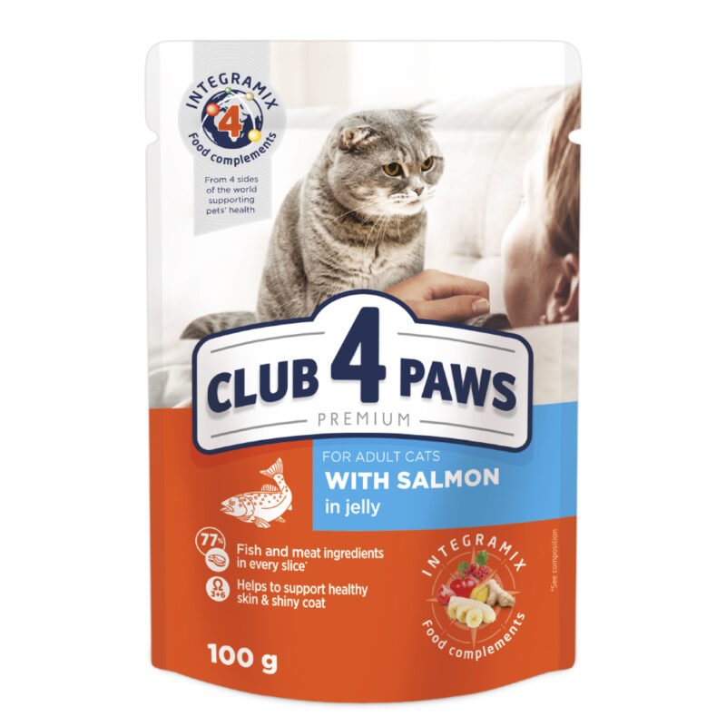 CLUB 4 PAWS Premium visavertis konservuotas maistas suaugusioms katėms su lašiša drebučiuose 100g x 24 vnt