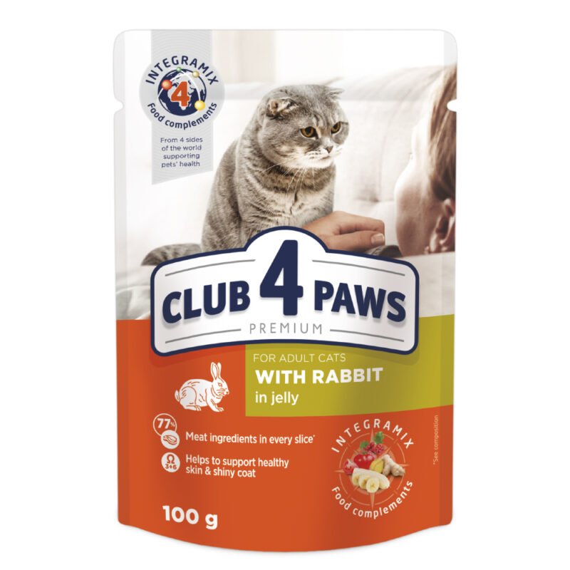 CLUB 4 PAWS Premium visavertis konservuotas maistas suaugusioms katėms su triušiena drebučiuose 100g x 24 vnt