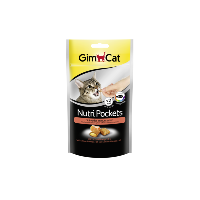 GimCat Nutri Pockets skanėstai katėms su Lašiša Omega 3 ir 6 riebalų rūgštimis 60g