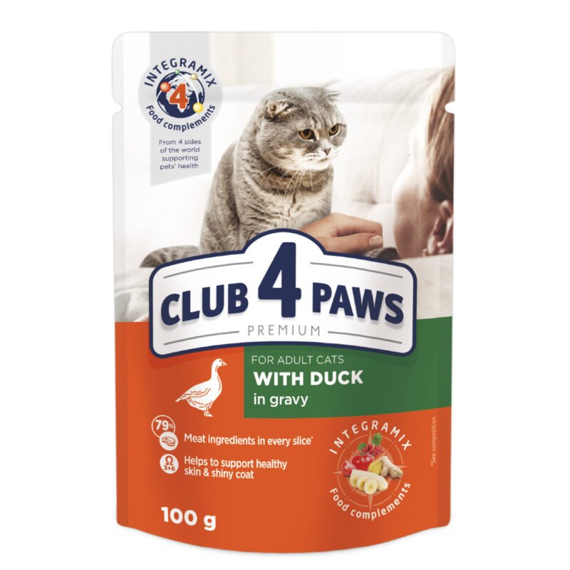 CLUB 4 PAWS Premium visavertis konservuotas maistas suaugusioms katėms su antiena padaže 100g x 24 vnt