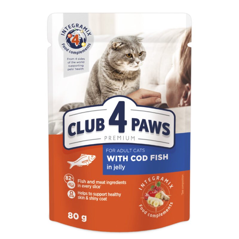 CLUB 4 PAWS Premium visavertis konservuotas maistas suaugusioms katėms su menke drebučiuose 80g x 24 vnt