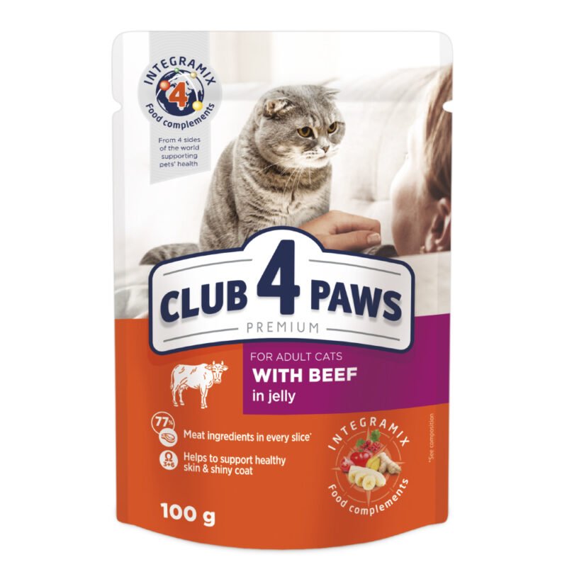 CLUB 4 PAWS Premium visavertis konservuotas maistas suaugusioms katėms su jautiena drebučiuose 100g x 24 vnt