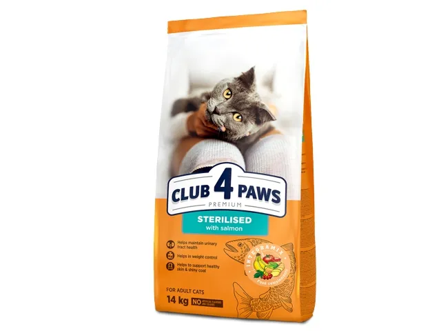 CLUB 4 PAWS Premium visavertis sausas maistas suaugusioms sterilizuotoms katėms su lašiša 14 kg