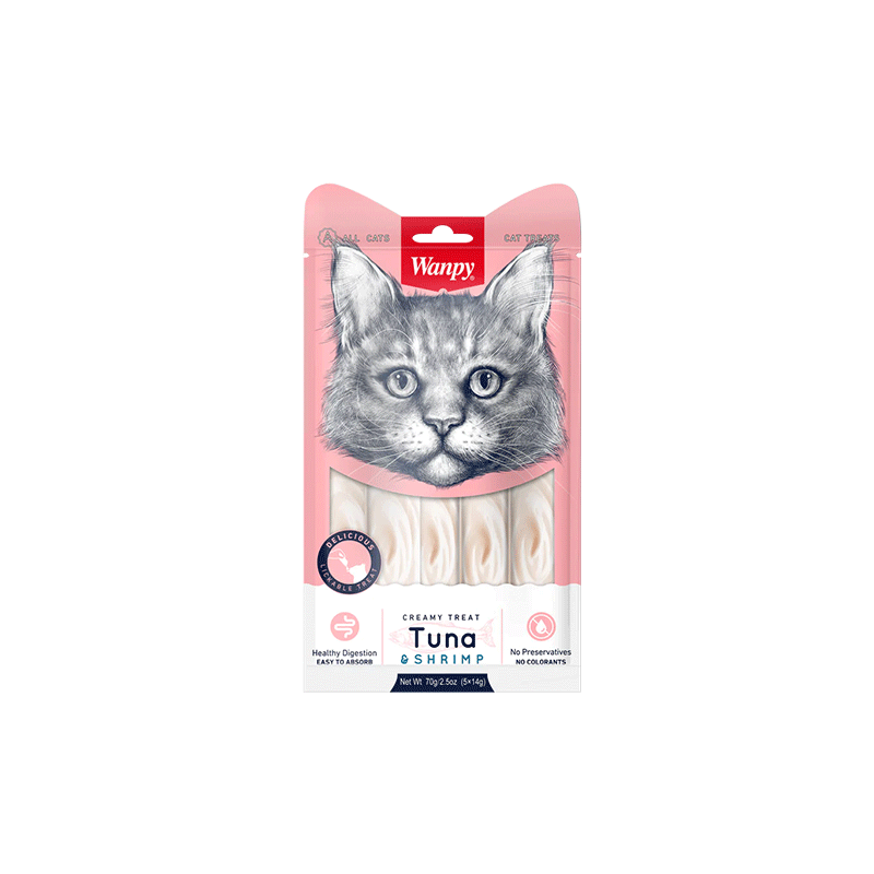 Wanpy Creamy Treats skanėstai katėms su tunu ir krevetėmis 12x70 g