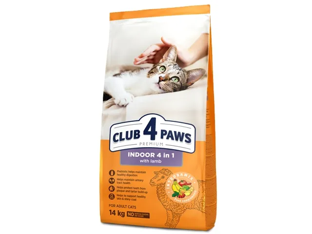 CLUB 4 PAWS Premium visavertis sausas maistas suaugusioms katėms gyvenančioms patalpose 4 in 1 su ėriena 14 kg