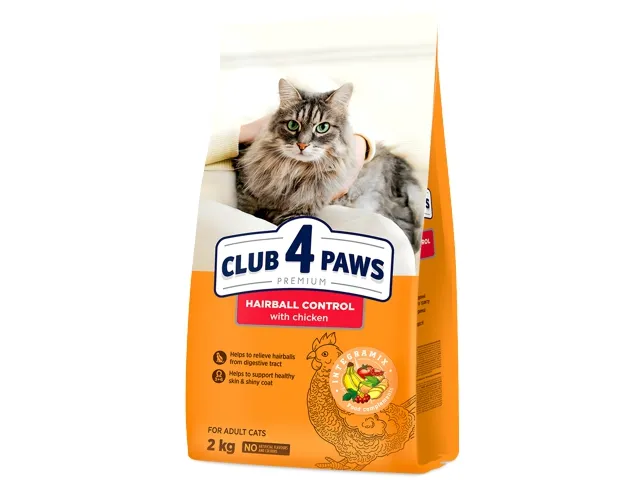 CLUB 4 PAWS Premium visavertis ėdalas suaugusioms katėms su vilnos pašalinimu iš virškinamojo trakto efektu „Hairball control“ 2 kg