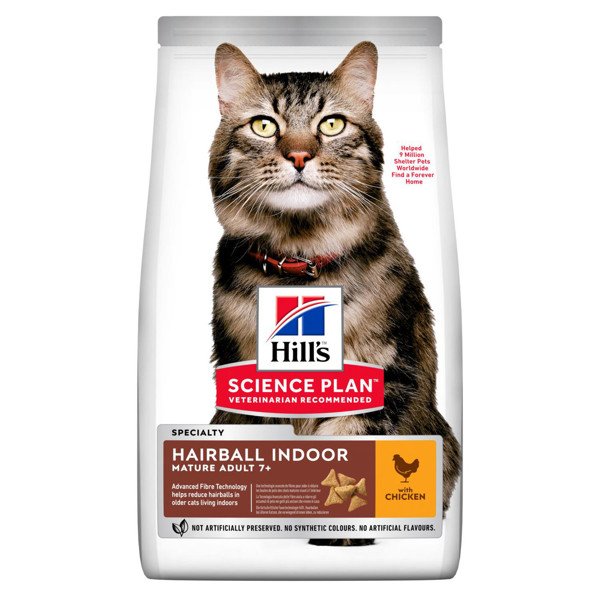 HILL'S SP Feline hairball&indoor senior chicken sausas maistas vyresnėms namuose gyvenančioms katėms su vištiena 1,5 kg