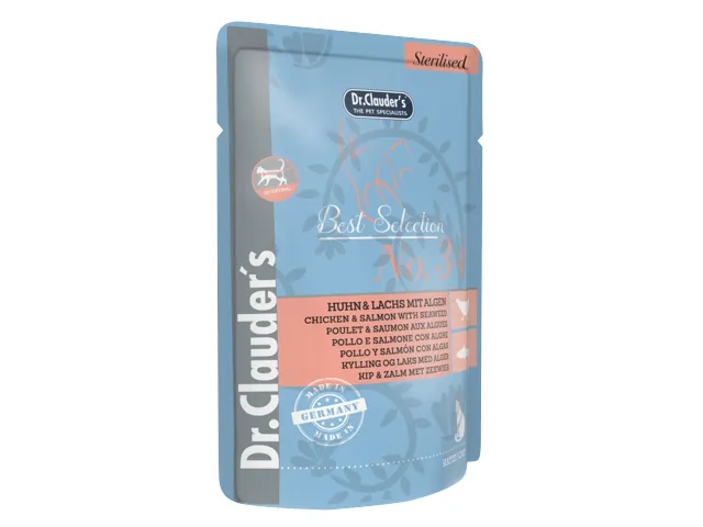 Dr.Clauder‘s Best Selection drėgnas maistas sterilizuotoms katėms su vištiena lašiša ir jūros dumbliais 12x85g