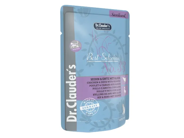 Dr.Clauder‘s Best Selection drėgnas maistas sterilizuotoms katėms su vištiena, antiena ir jūros dumbliais 12x85g