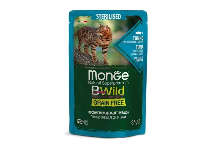 Monge BWild kons. pašaras sterilizuotoms katėms su tunu krevetėmis ir daržovėmis padaže 12x85g