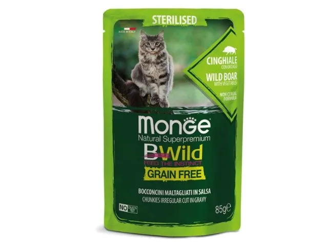 Monge BWild kons. pašaras sterelizuotoms katėms su šerniena ir daržovėmis padaže 12x85g