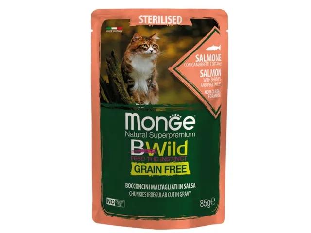 Monge BWild kons.pašaras sterilizuotoms katėms su lašiša krevetėmis ir daržovėmis padaže 12x85g