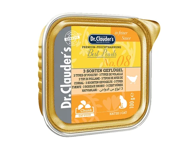 DR. CLAUDER'S drėgnas maistas katėms su trijų rūšių paukštiena padaže 12x100g