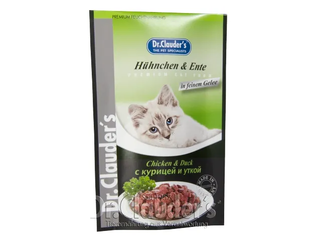 DR. CLAUDER'S drėgnas maistas katėms su vištiena ir antiena drebučiuose 12x100g